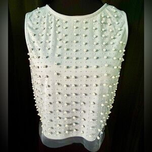 Haute Monde Baby Blue Sleeveless Pearl, Rhinestone Layered Mesh Top, Size M